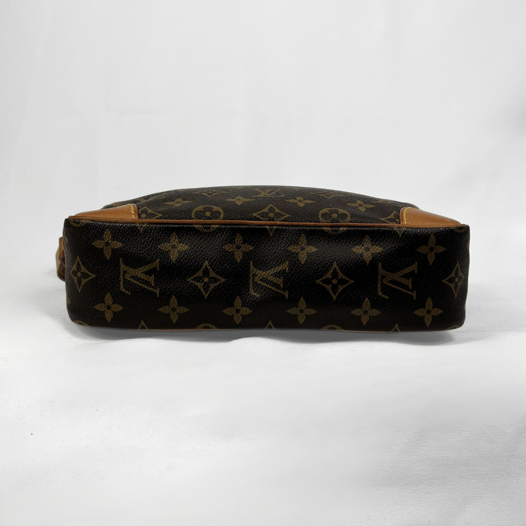 Louis Vuitton monogram canvas shoulder bag shown from the side profile against a plain white background.