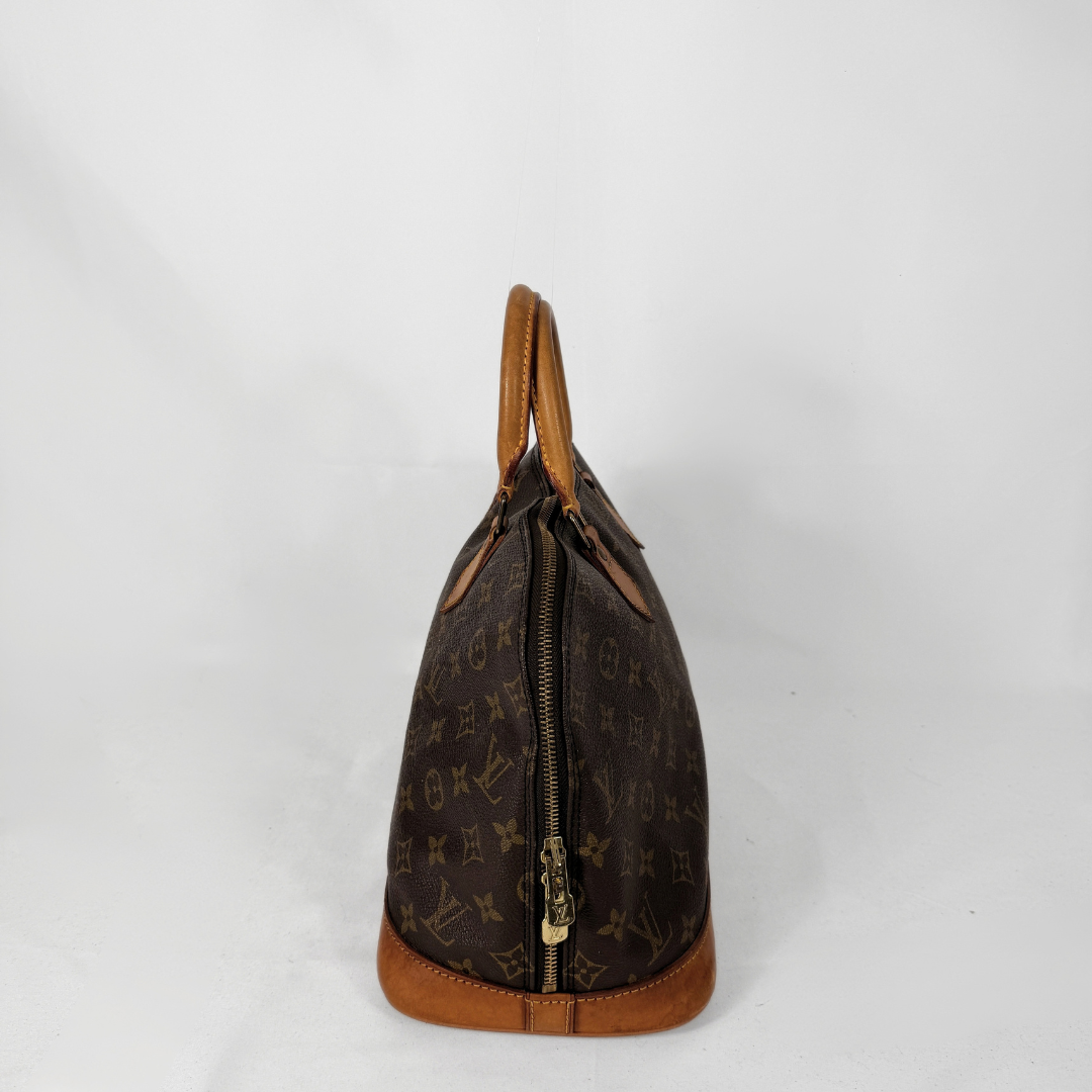 A Louis Vuitton monogram canvas handbag in dark brown with tan leather trim and handles, shown from a rear three-quarter view against a white studio background.