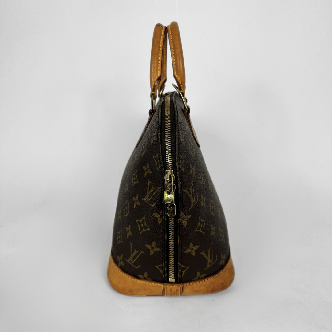 Louis Vuitton monogram canvas Speedy bag shown from the back, featuring dark brown coated canvas with the classic tan monogram pattern, tan leather trim and handles, and a gold-tone zipper.