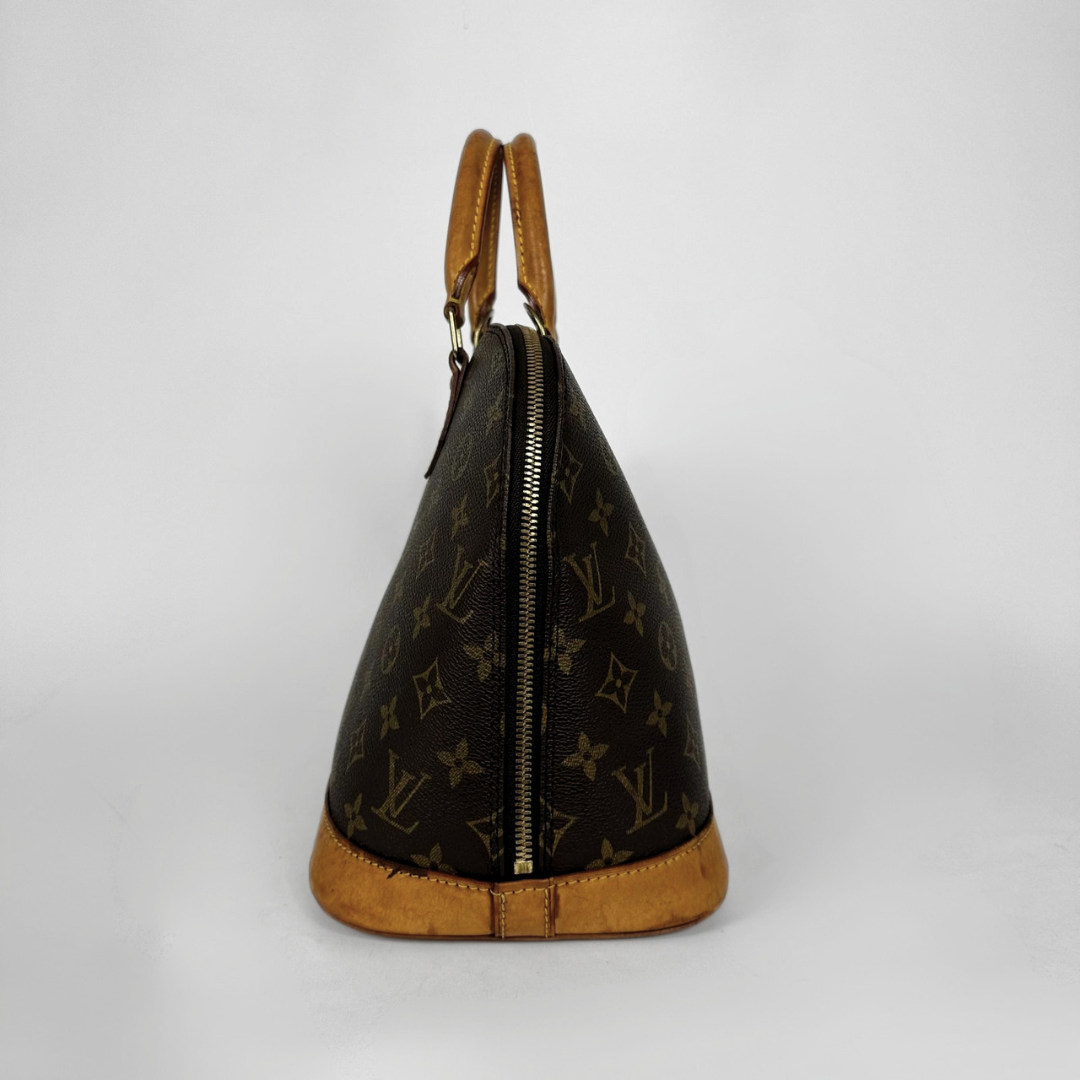Louis Vuitton monogram canvas Speedy bag shown from the back, featuring dark brown monogram canvas, tan leather trim, and a gold-tone zipper.