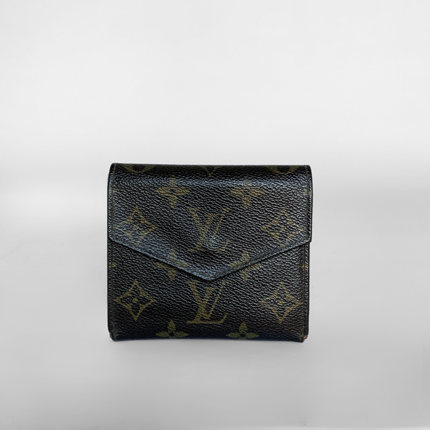 Louis Vuitton wallet with monogram pattern on a light gray background