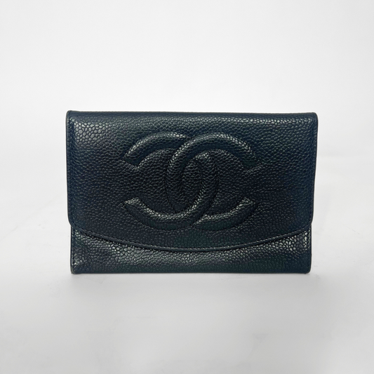 Black leather wallet with Chanel logo on a white background