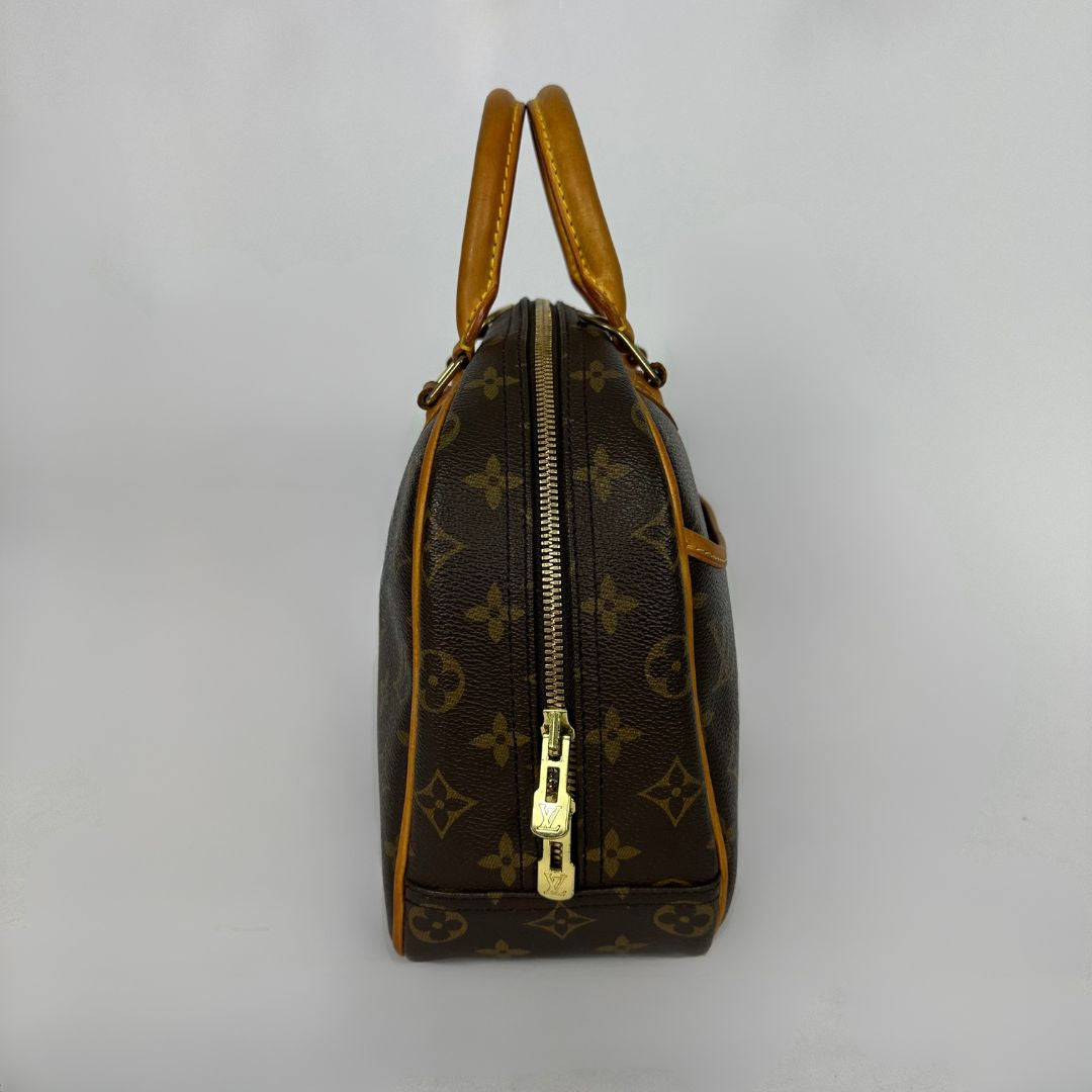 A Louis Vuitton monogram Speedy handbag in brown coated canvas with tan leather trim and handles, featuring a gold-tone zipper, shown against a plain light gray background.
