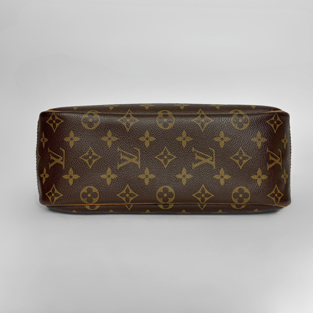 Louis Vuitton monogram canvas shoulder bag in dark brown with gold-tone monogram print, shown from the front on a light gray background.