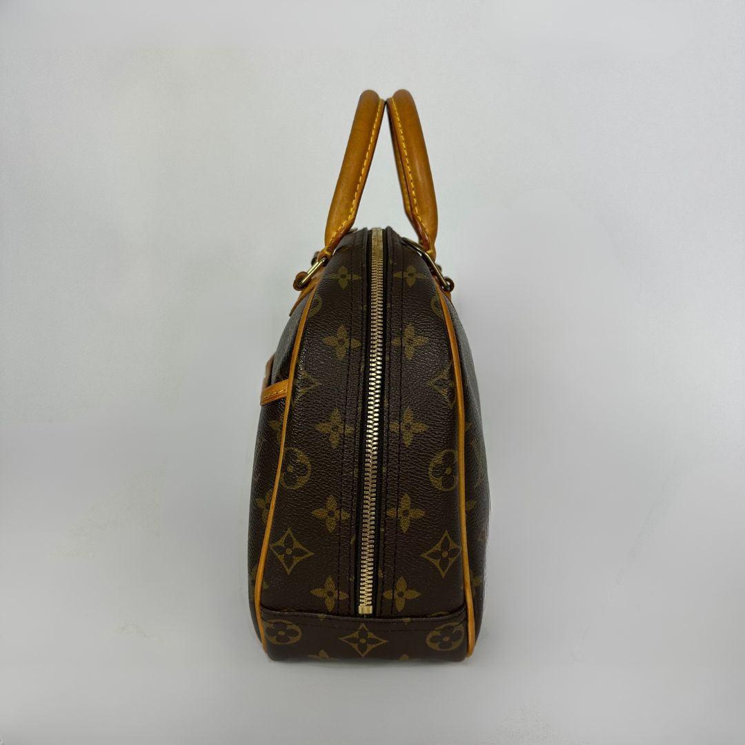 A Louis Vuitton monogram Speedy bag in brown coated canvas with tan leather handles and trim, shown from the side against a light gray background.