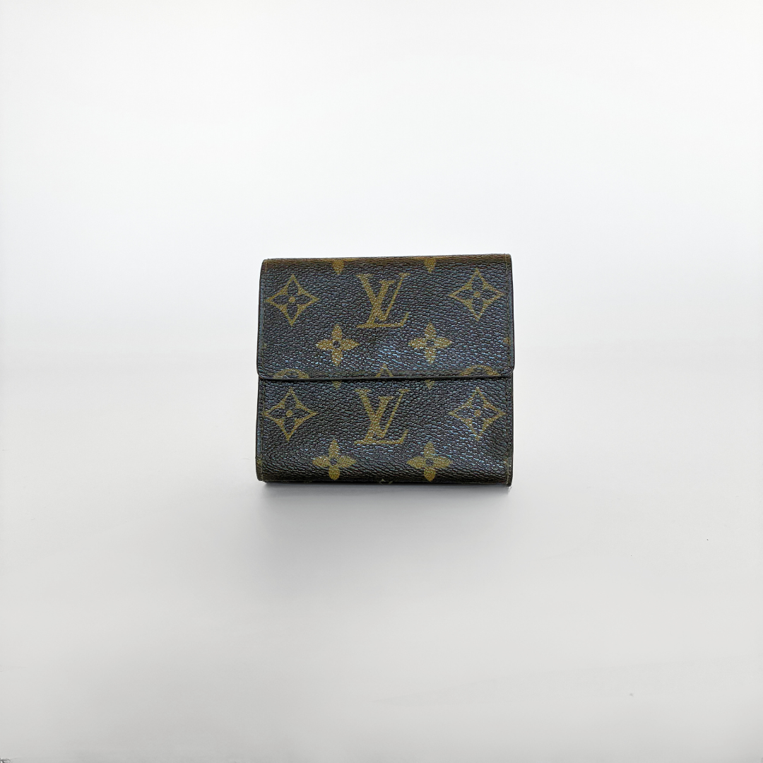 Louis Vuitton wallet with monogram pattern on a white background