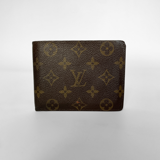 A Louis Vuitton monogram bifold wallet in brown coated canvas with tan monogram motifs, shown against a light gray gradient background.