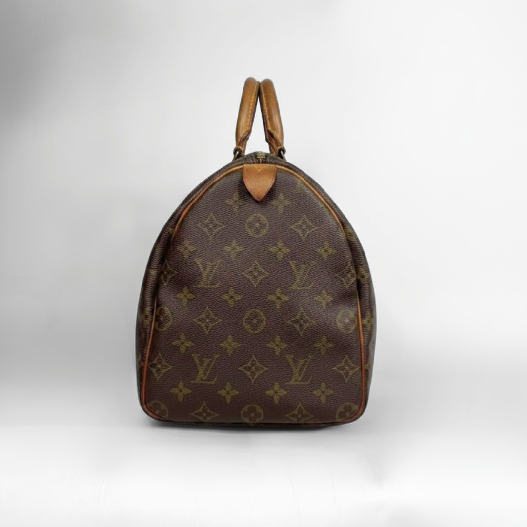 A classic Louis Vuitton monogram Speedy bag in brown coated canvas with tan leather trim and handles, photographed against a neutral light gray background.