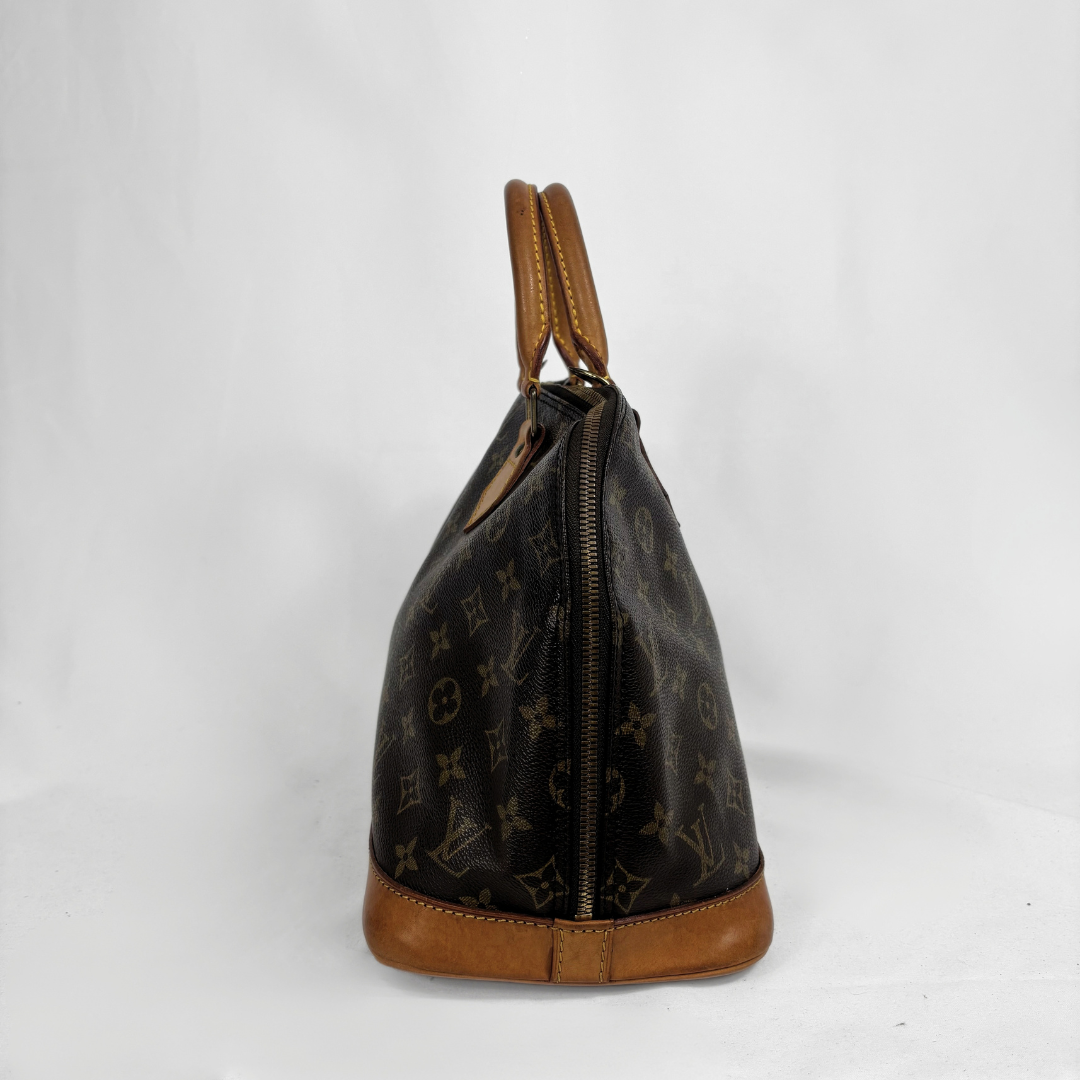 A Louis Vuitton monogram canvas Speedy bag shown from the side profile against a white studio background.