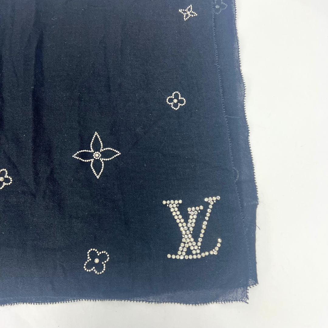 Navy blue fabric with embroidered logos on a white background