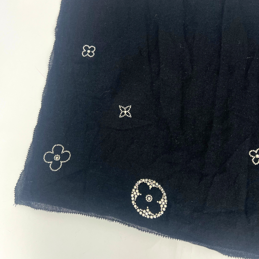 Black fabric with floral bead embellishments on a light background