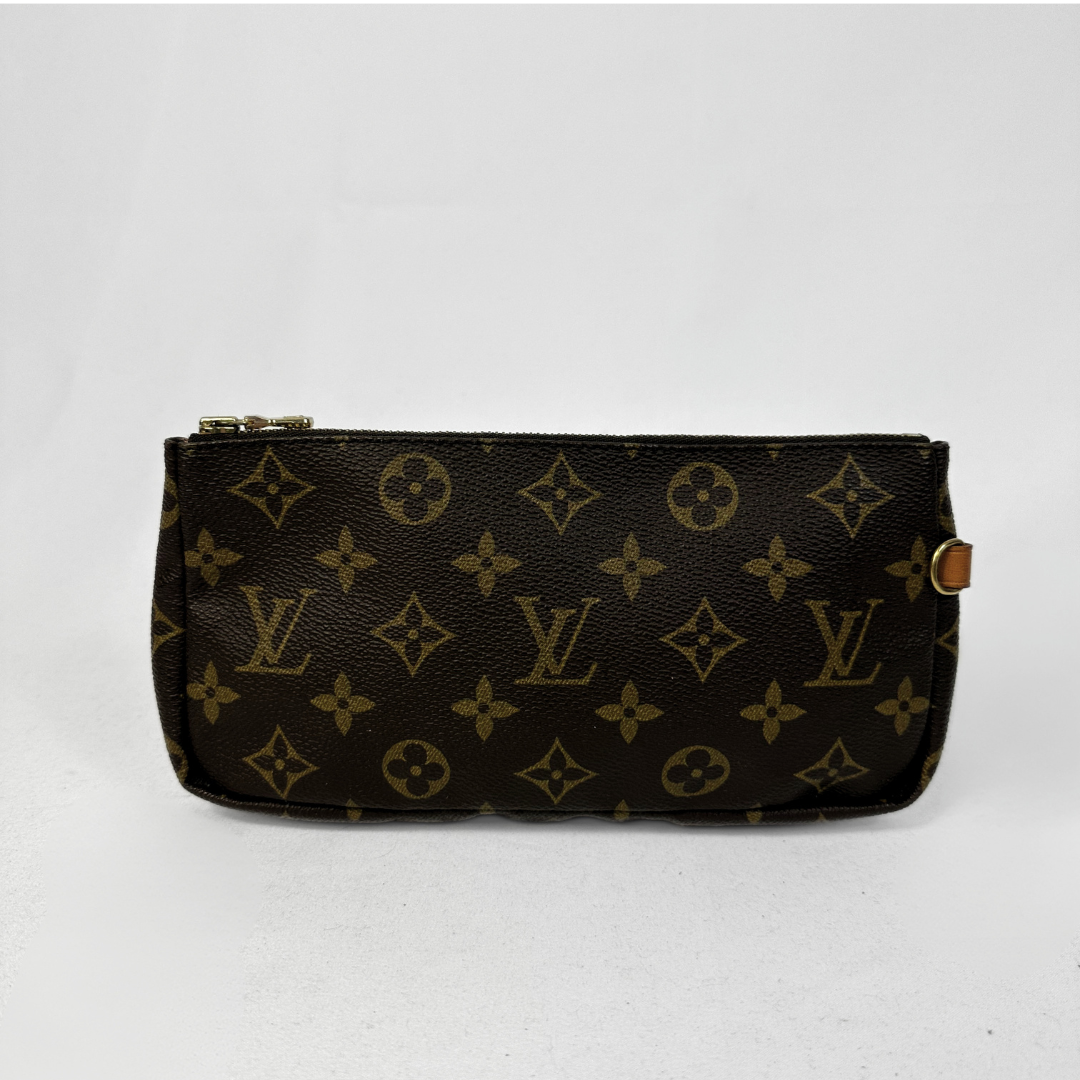 A Louis Vuitton monogram canvas pouch in dark brown and tan, featuring the classic LV logo and floral motifs, with a gold-tone zipper and a small leather tag on the right side.