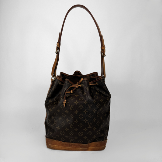 Louis Vuitton monogram canvas bucket bag with brown leather trim and shoulder strap, shown on a light gray background.