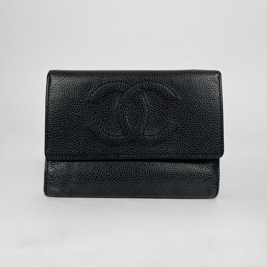 A black pebbled leather wallet with an embossed interlocking CC logo on the front flap, photographed against a light gray background.