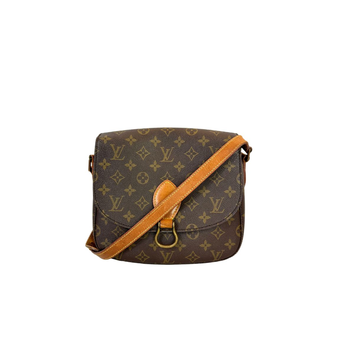 Brown monogram handbag with tan strap on a white background