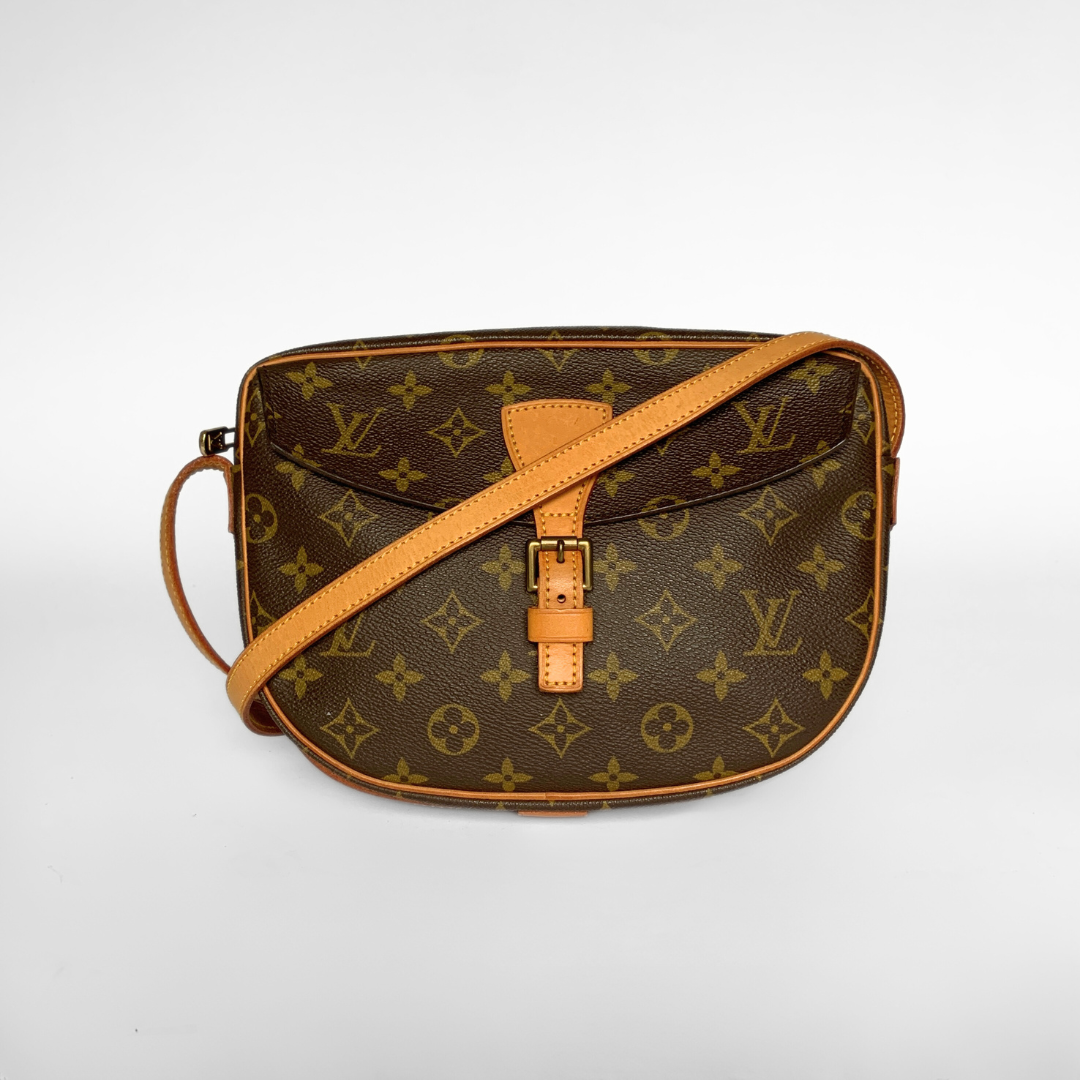 Brown monogram handbag with tan strap on a white background