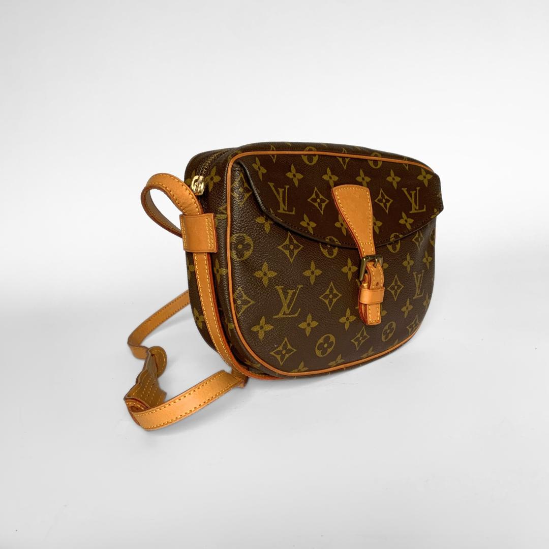 Brown monogram handbag with tan strap on a white background