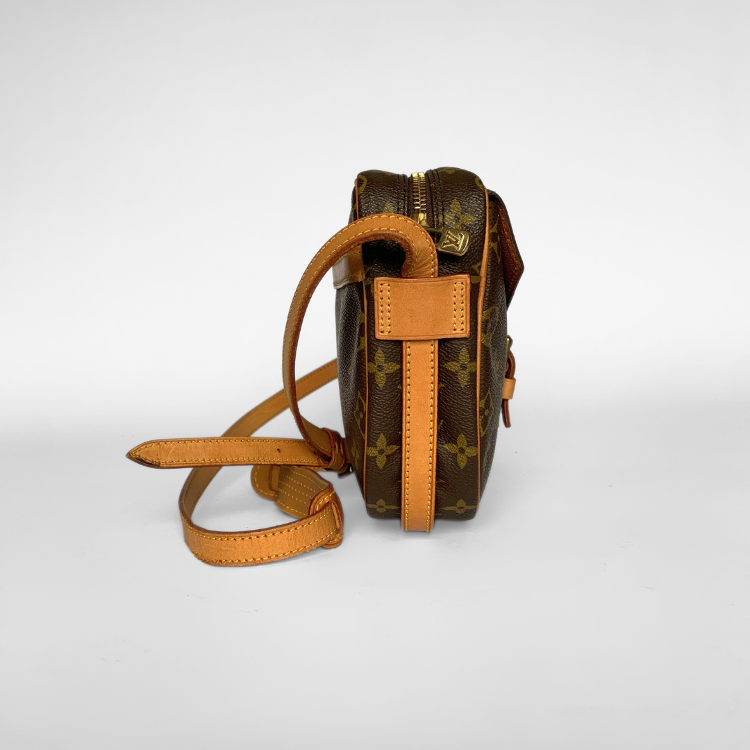 Brown monogram handbag with tan strap on a white background