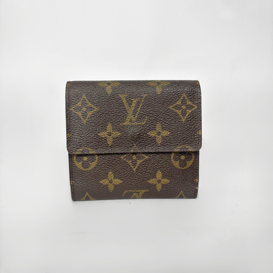 Brown wallet with gold monogram pattern on a white background