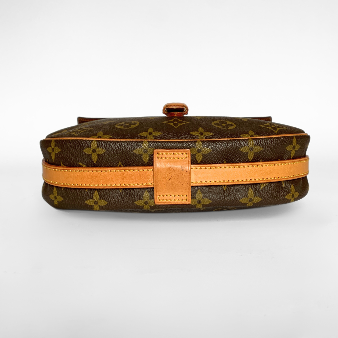 Brown monogram handbag with tan strap on a white background