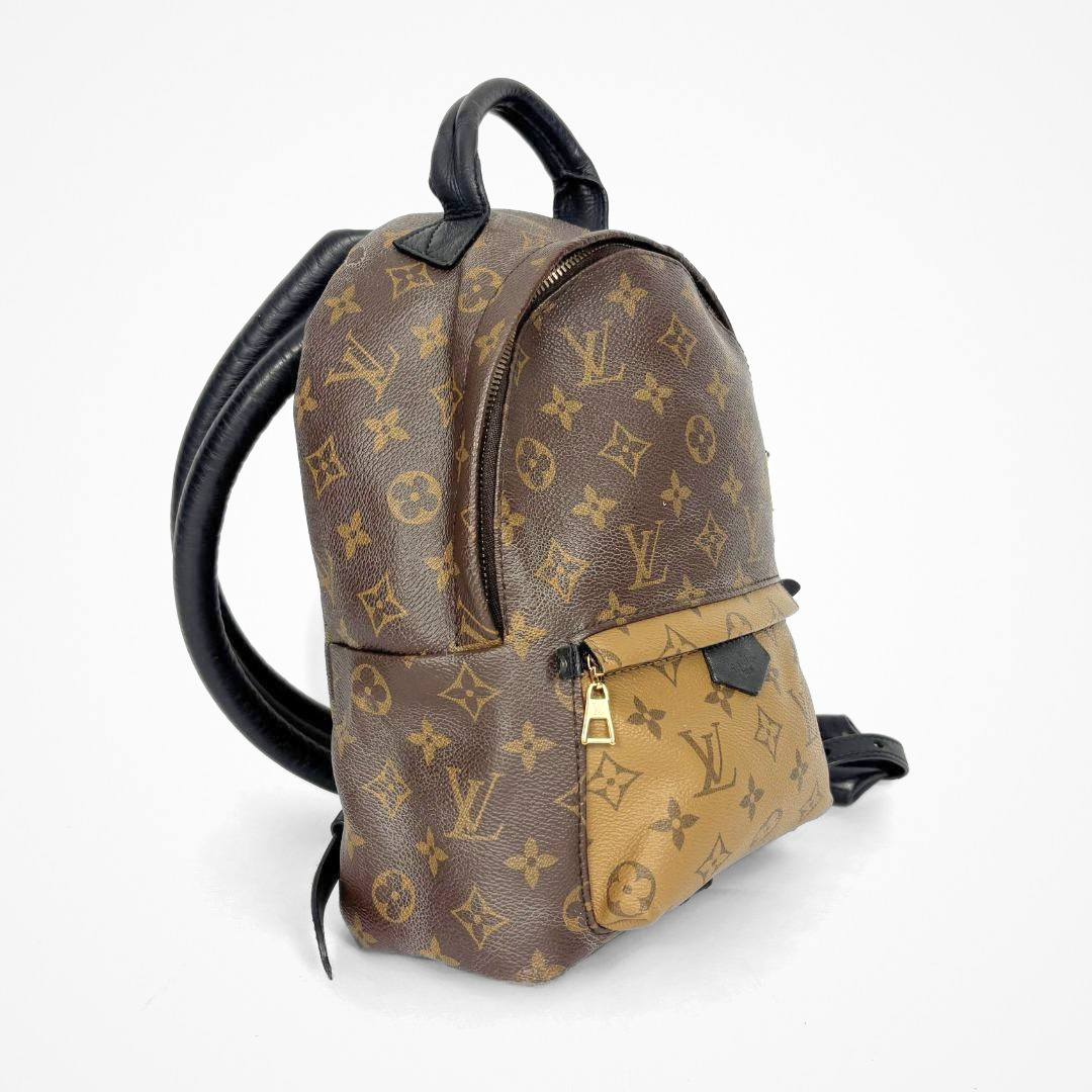 Louis Vuitton backpack with monogram pattern on a white background