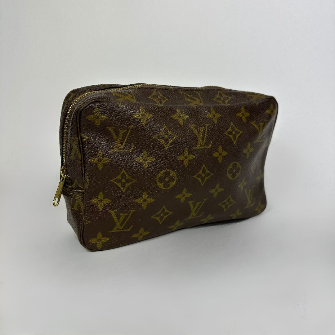Louis Vuitton toiletry bag in front of white background
