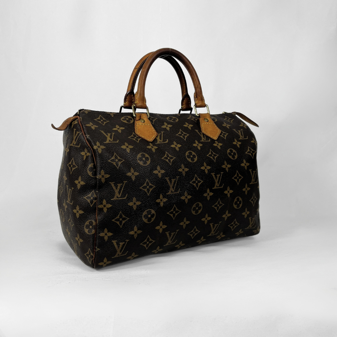 Louis Vuitton monogram canvas Speedy bag in black and brown with tan leather handles, photographed on a light gray studio background.