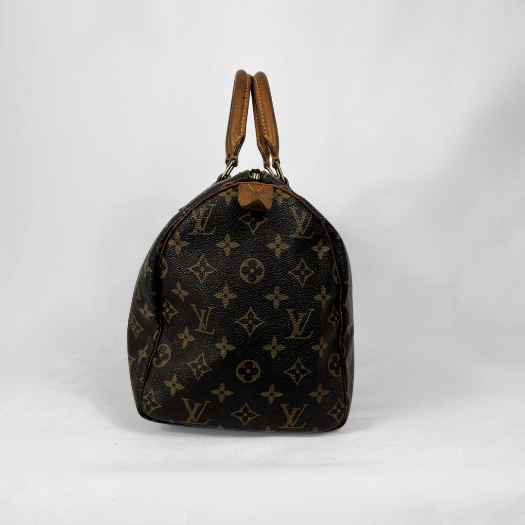 A Louis Vuitton monogram canvas Speedy bag in black and brown, featuring the classic LV monogram pattern and brown leather handles, photographed against a white studio background.