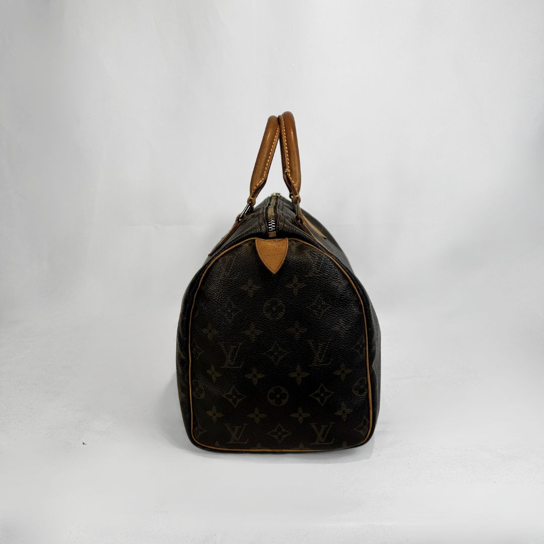 A vintage Louis Vuitton monogram canvas Speedy bag shown from the back, featuring dark brown coated canvas with tan monogram motifs and brown leather handles, set against a plain white studio background.