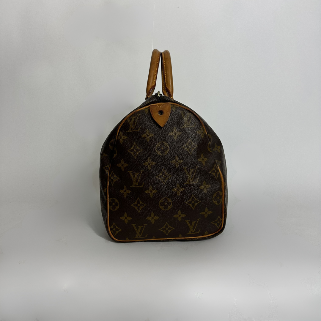 A Louis Vuitton monogrammed Speedy bag in dark brown coated canvas with tan leather trim and handles, shown against a neutral light gray background.