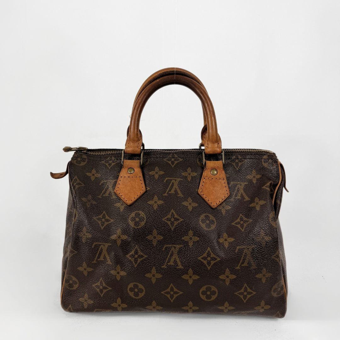 A classic Louis Vuitton monogram canvas handbag with brown leather handles and trim, photographed against a plain white background.