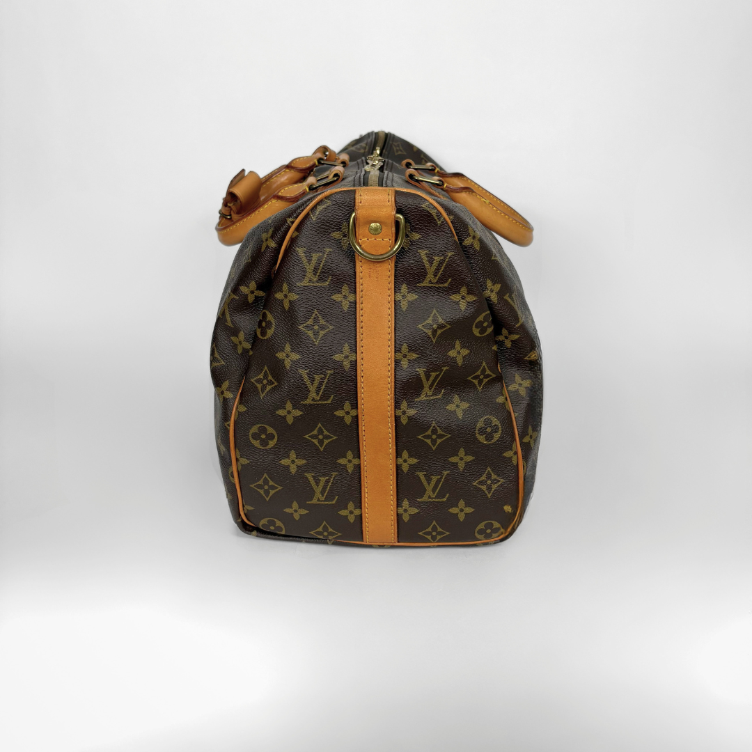 Louis Vuitton monogram handbag with brown leather accents on a white background