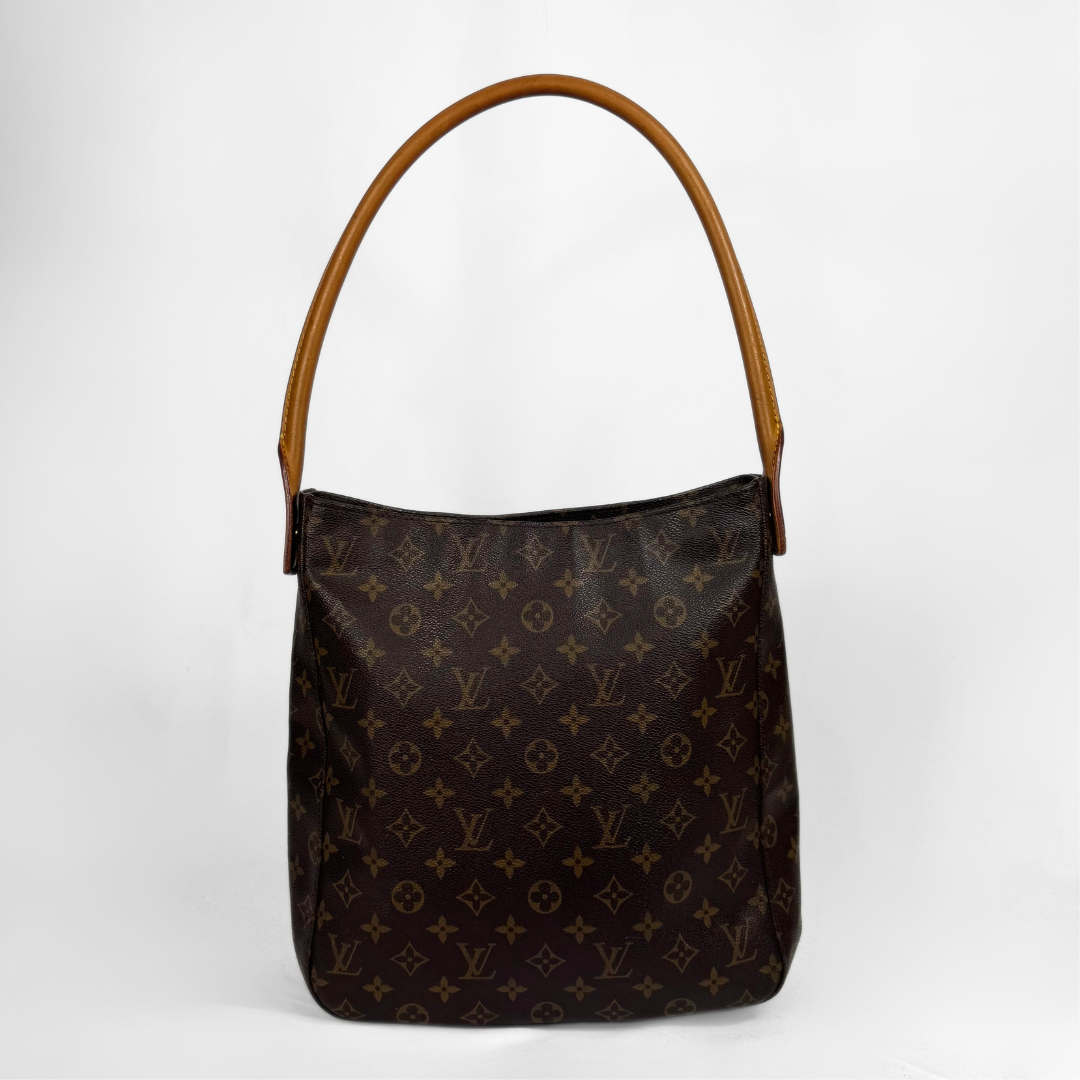 A Louis Vuitton monogram canvas shoulder bag with a brown leather handle, photographed against a plain white background.