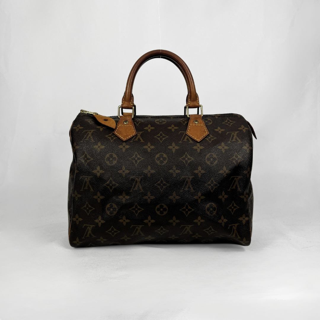 A Louis Vuitton monogram canvas Speedy handbag in dark brown with tan leather handles and trim, photographed against a light gray studio background.