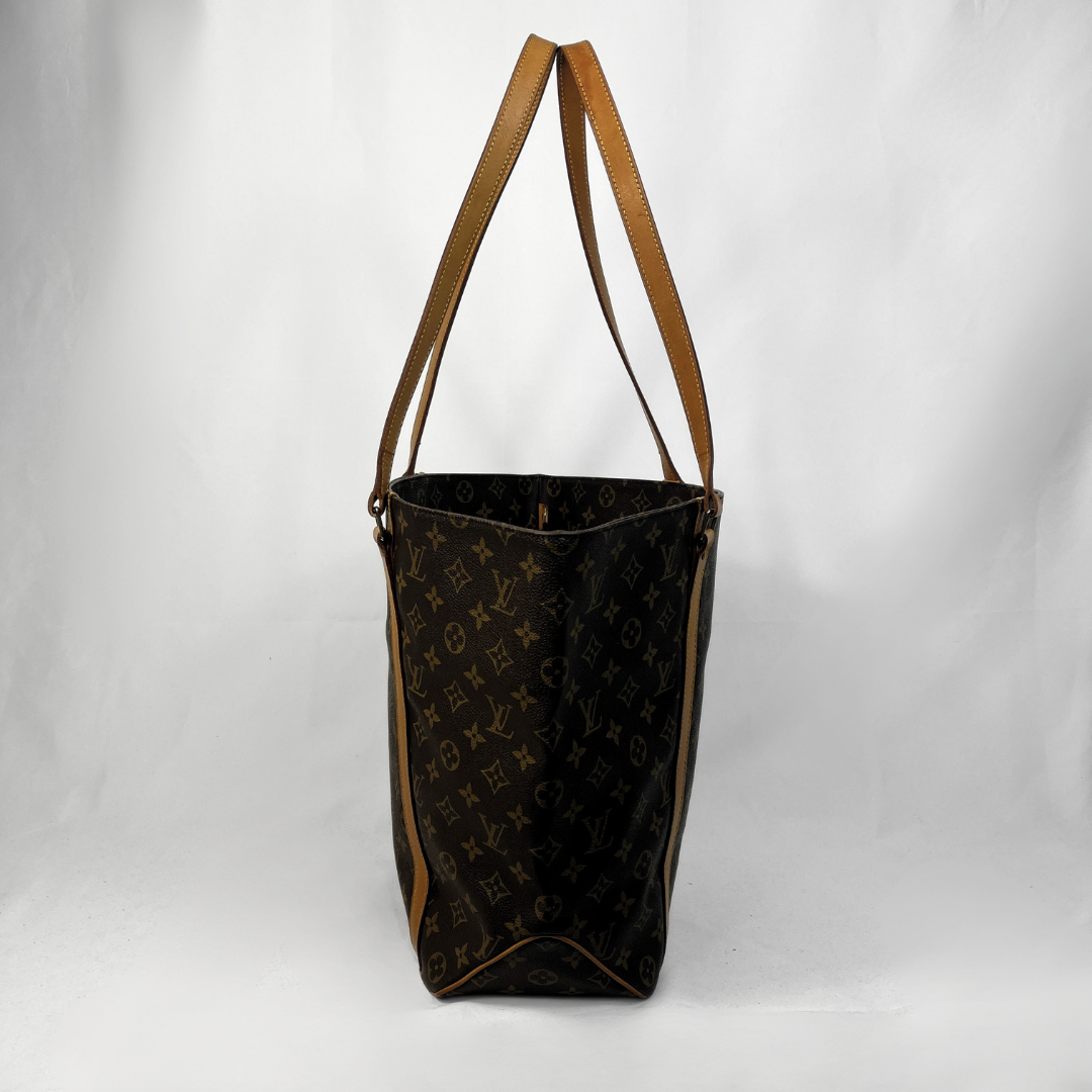 A Louis Vuitton Neverfull tote bag in dark brown monogram canvas with tan leather shoulder straps, shown against a white studio background.