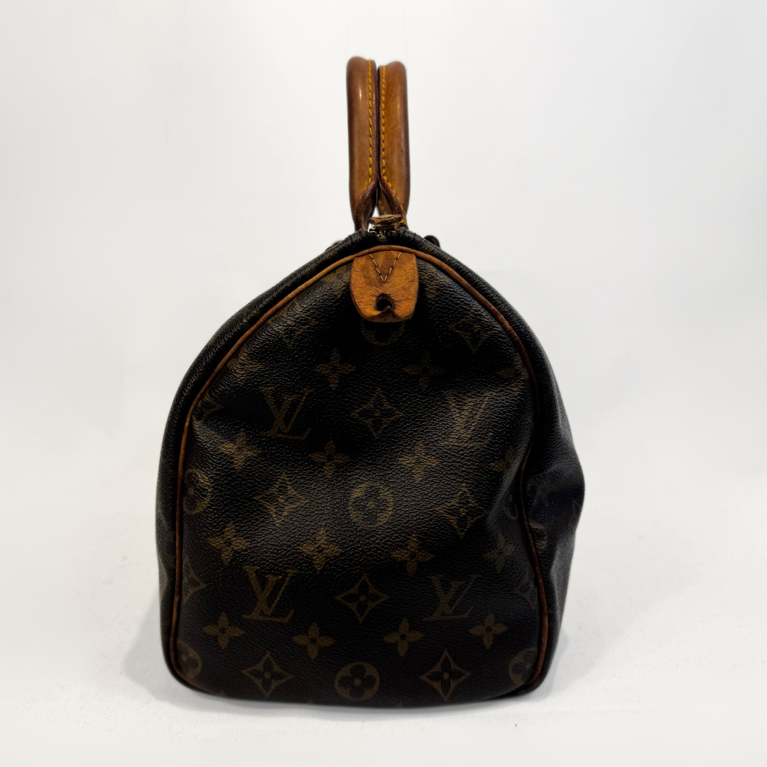 A Louis Vuitton monogram canvas Speedy handbag in dark brown with tan leather handles and trim, photographed against a light gray studio background.
