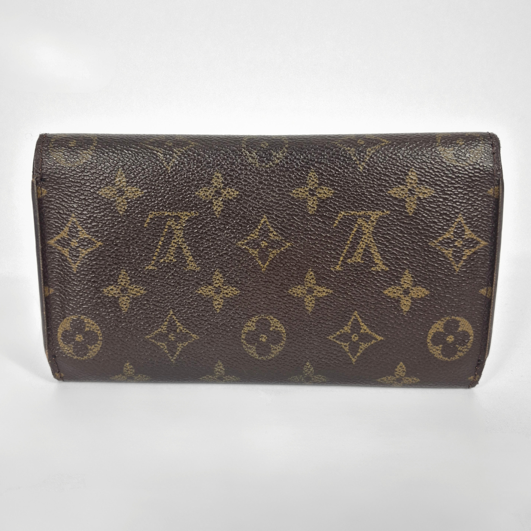 Brown leather wallet with brand logo pattern on a white background