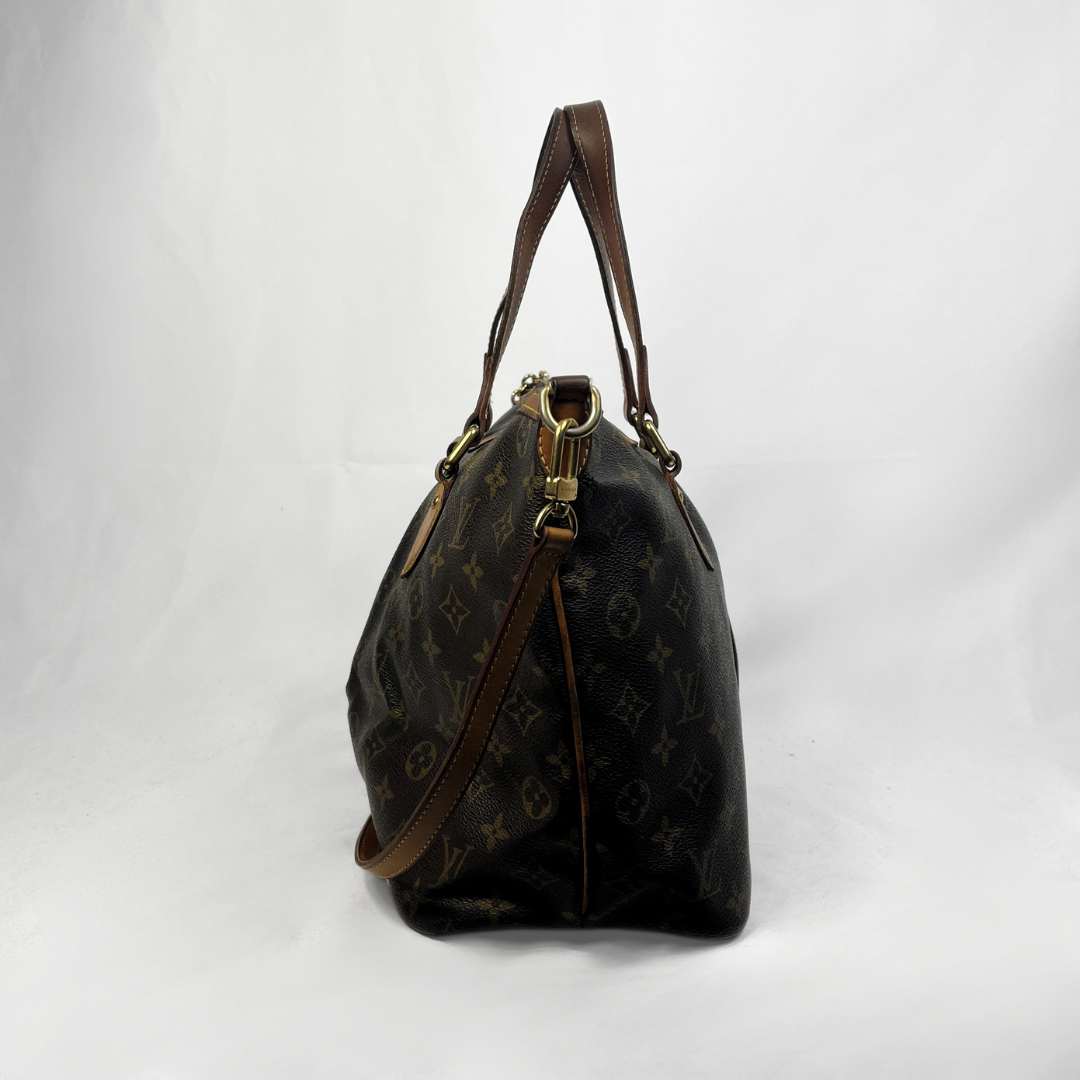 A Louis Vuitton monogram canvas shoulder bag in dark brown with tan leather trim and gold-tone hardware, photographed against a plain white studio background.