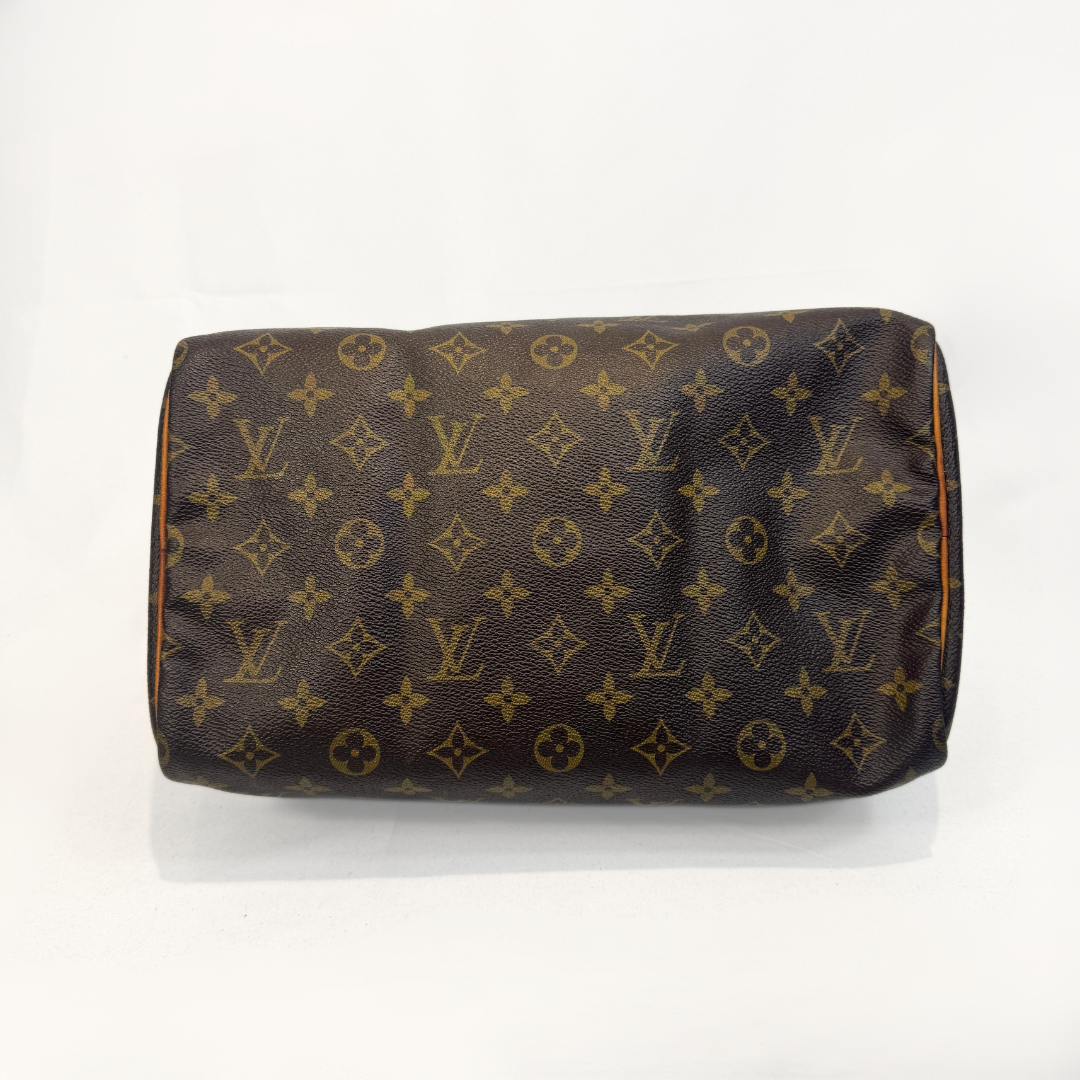 A Louis Vuitton monogram canvas Speedy handbag with brown leather handles and trim, photographed against a plain white background.