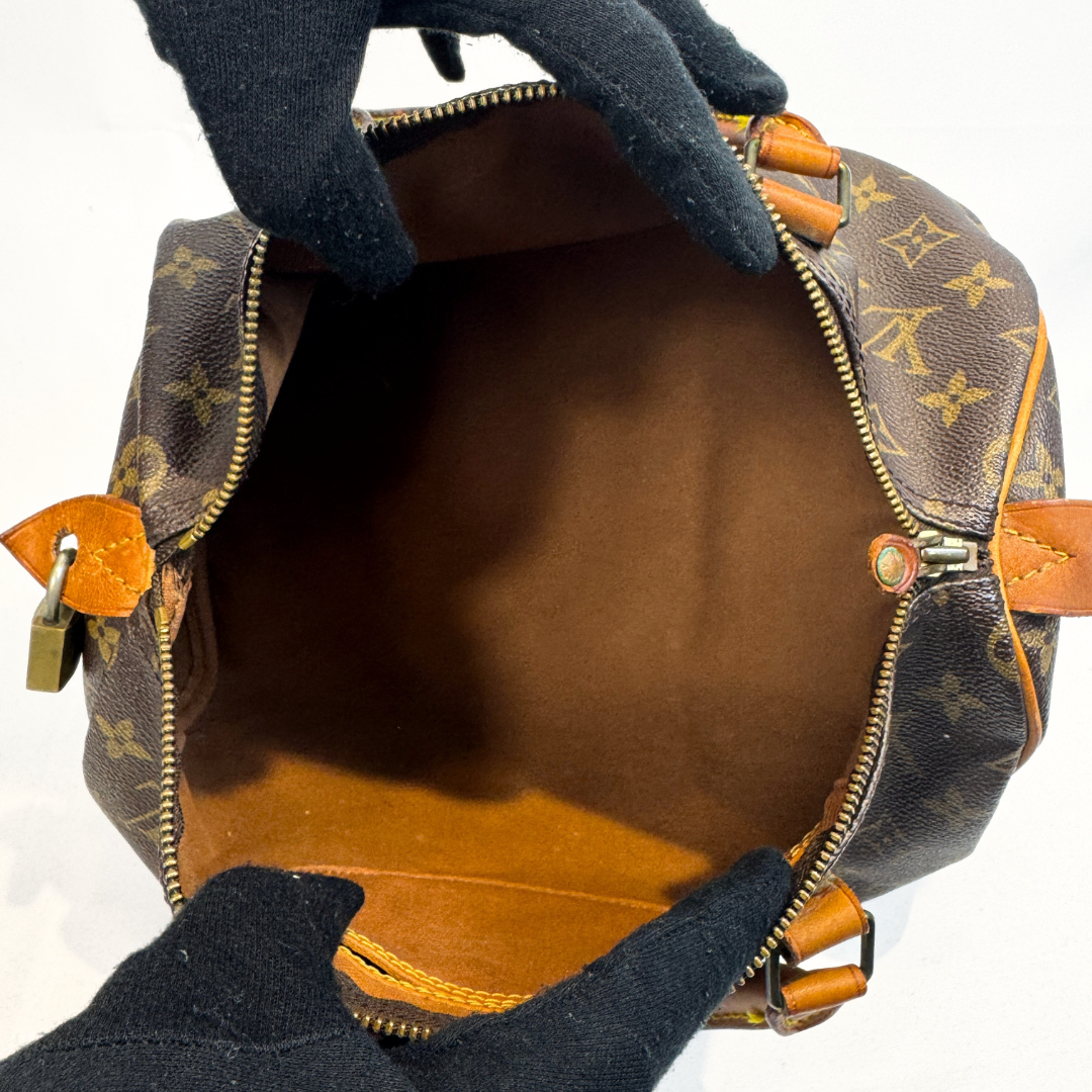 A Louis Vuitton monogram canvas Speedy handbag with brown leather handles and trim, photographed against a plain white background.