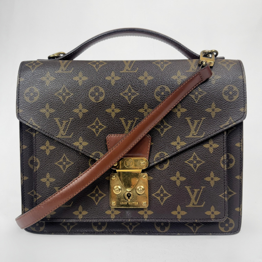 Louis Vuitton monogram canvas shoulder bag with a brown leather handle and strap, gold-tone turn-lock clasp, and front flap closure on a white background.