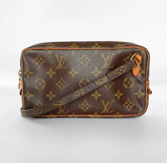 Brown monogram handbag on a white background